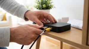 Pessoa a ligar cuidadosamente os cabos HDMI e Ethernet à parte traseira de uma box iptv android.