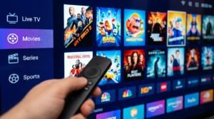 Nowoczesny interfejs aplikacji tuga iptv prezentujący listę kanałów i bibliotekę VOD.