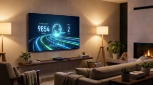 Ecrã de televisão montado na parede a mostrar um teste de velocidade de internet perfeito para usar uma box iptv android.